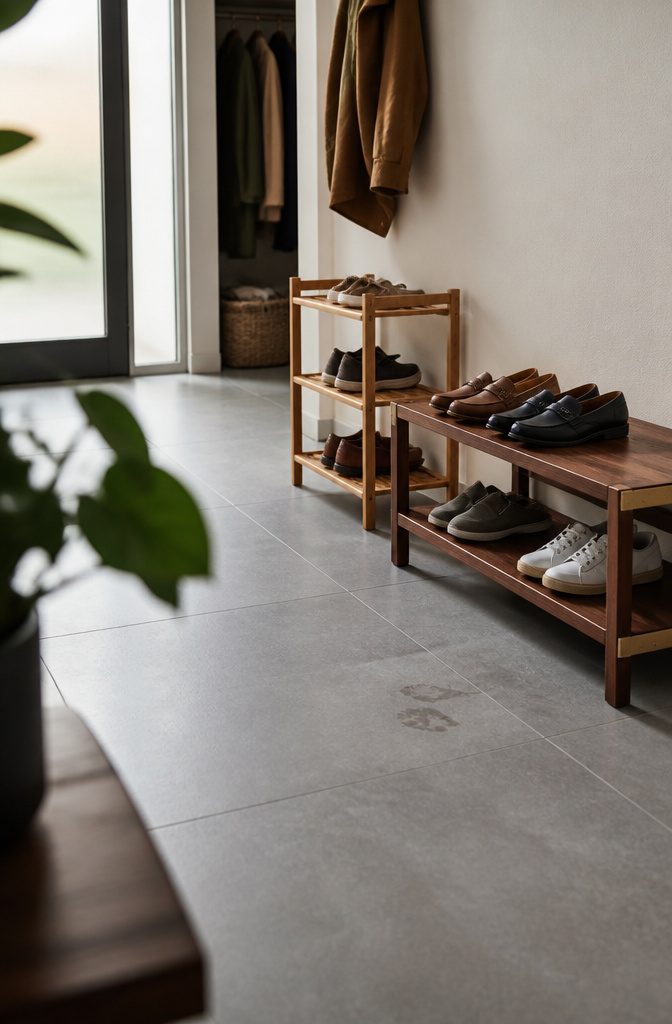 Bamboo shoe rack beside a low tropical hardwood shelf with shoes