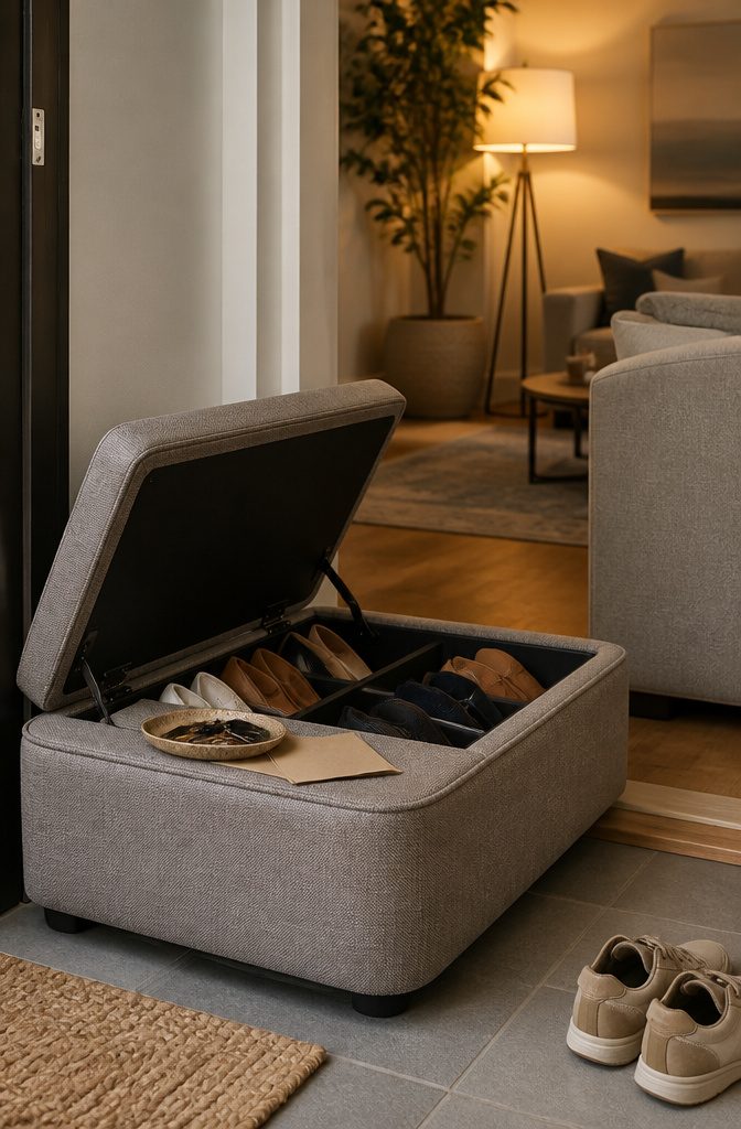 Upholstered storage ottoman with raised lid and shoes in compartments