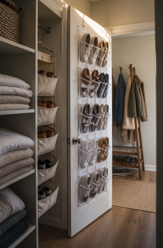 Clear over-door shoe organizer beside a hanging canvas tiered organizer