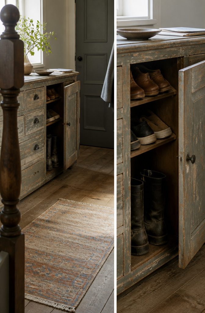 Low repurposed dresser used as shoe storage beside an entryway