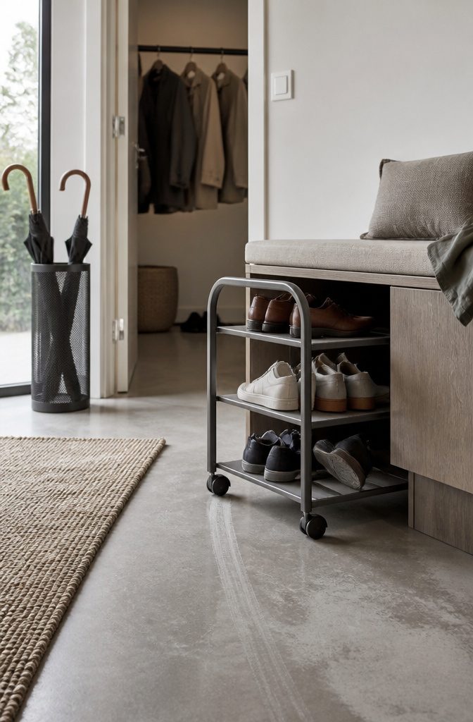 Compact rolling steel shoe rack partly pulled from under an entryway bench
