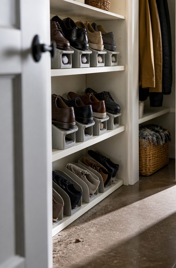 Plastic shoe risers and angled holders displaying shoes on a closet shelf