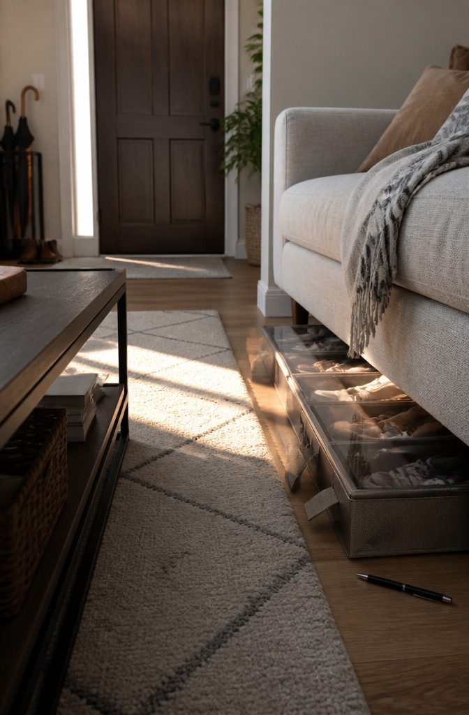 Shallow clear-lidded shoe organizer partly tucked under a sofa
