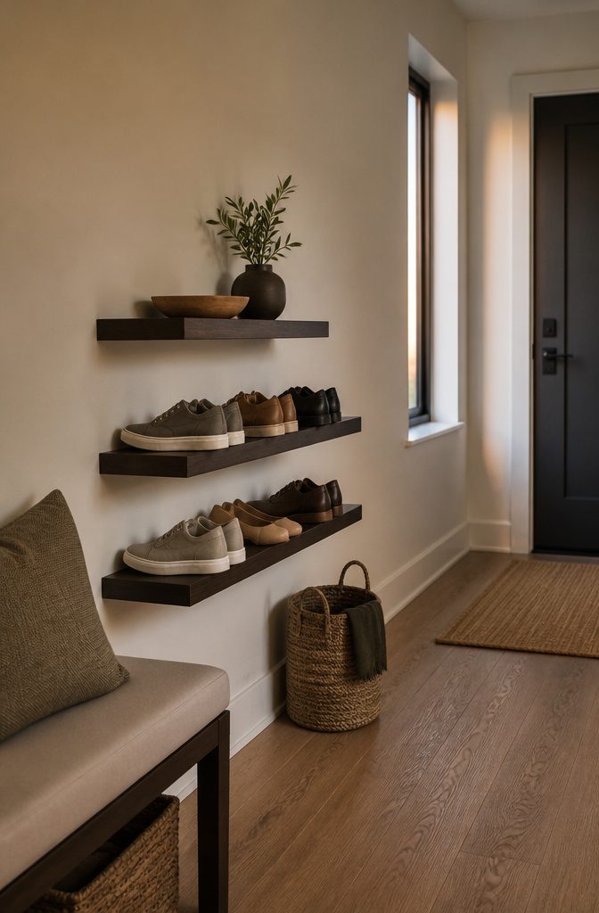Two slim wall-mounted shoe racks beneath a small floating shelf