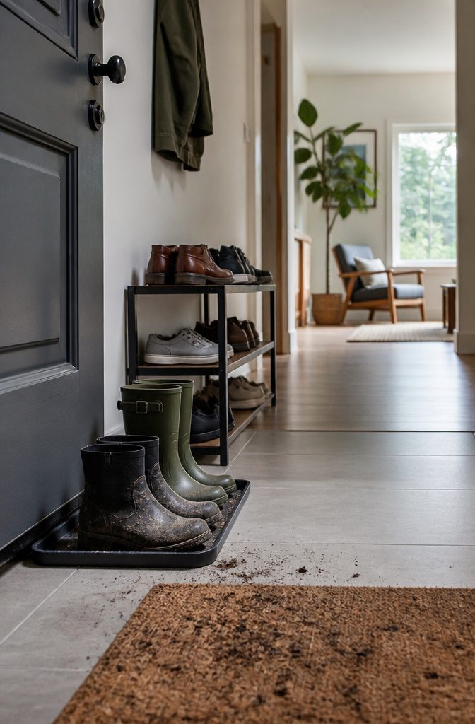 Shoes on a low rack beside a boot tray and gritty doormat