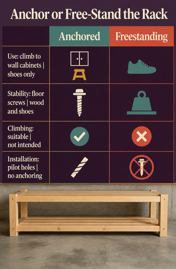 Garage shoe rack diagram showing a floor anchor and a freestanding option