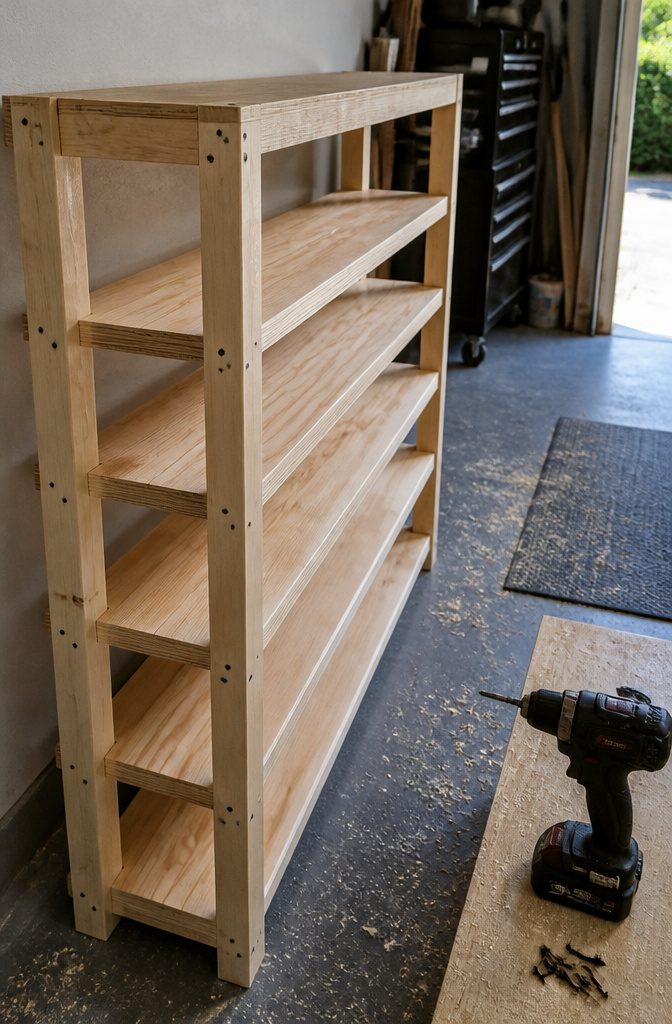 Garage shoe rack frame with plywood shelves and visible side screws