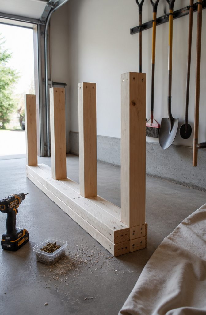 Partly assembled shoe rack frame with four uprights and doubled base