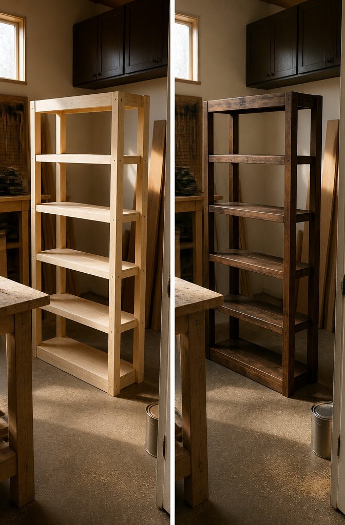 Unfinished wooden shoe rack standing in a garage workshop