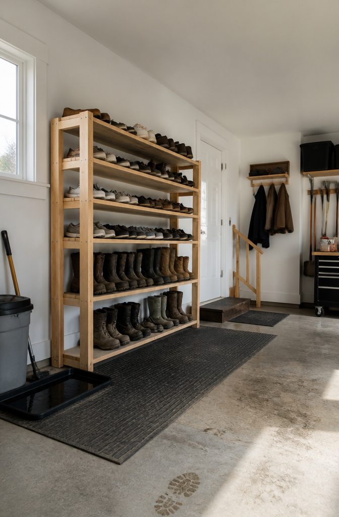 Garage shoe rack loaded with boots on lower shelves and shoes above