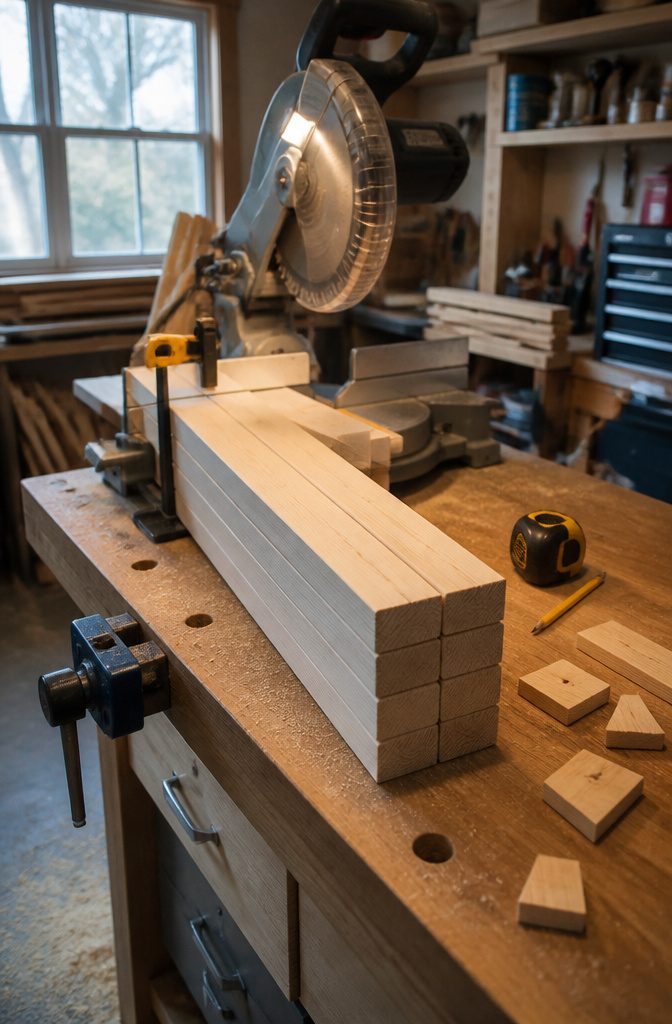 Four clamped 2x4 boards aligned at a miter saw with a pencil mark