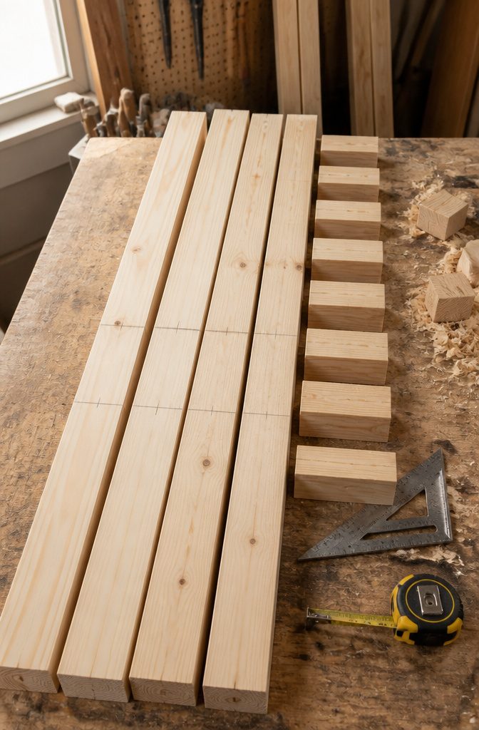 Four 2x4 uprights marked for shelf supports beside a square