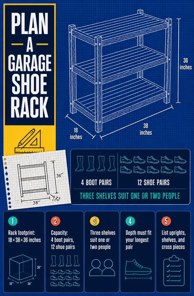 Garage shoe rack planning graphic with a rack sketch and measurement notes