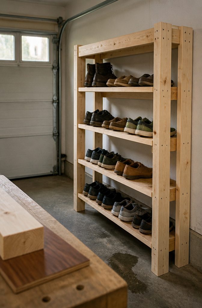 Wooden garage shoe rack with a 2x4 frame and plywood shelves