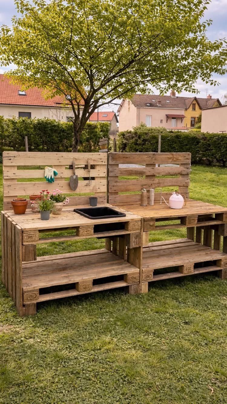 Wooden potting tables made from pallets with a potting tray and small plants.