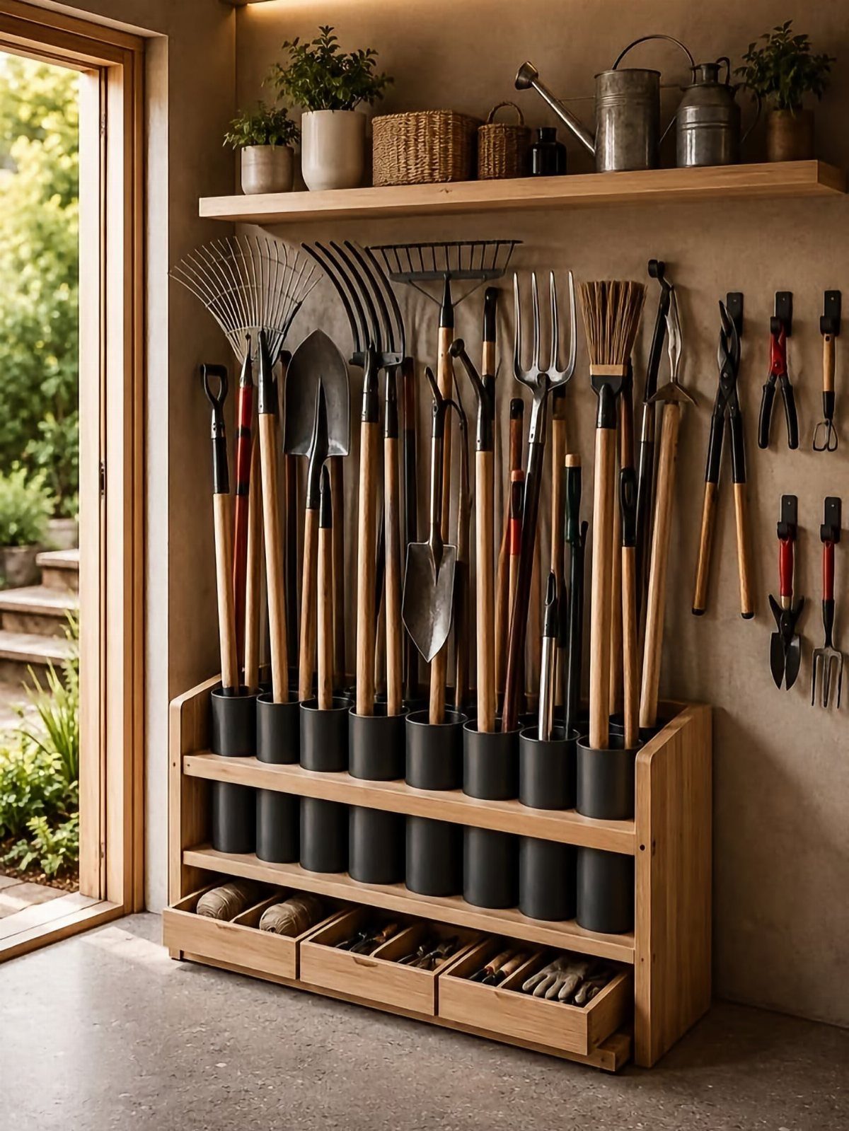 Wooden garden tool storage rack with shovels, rakes, and drawers for gardening gloves.