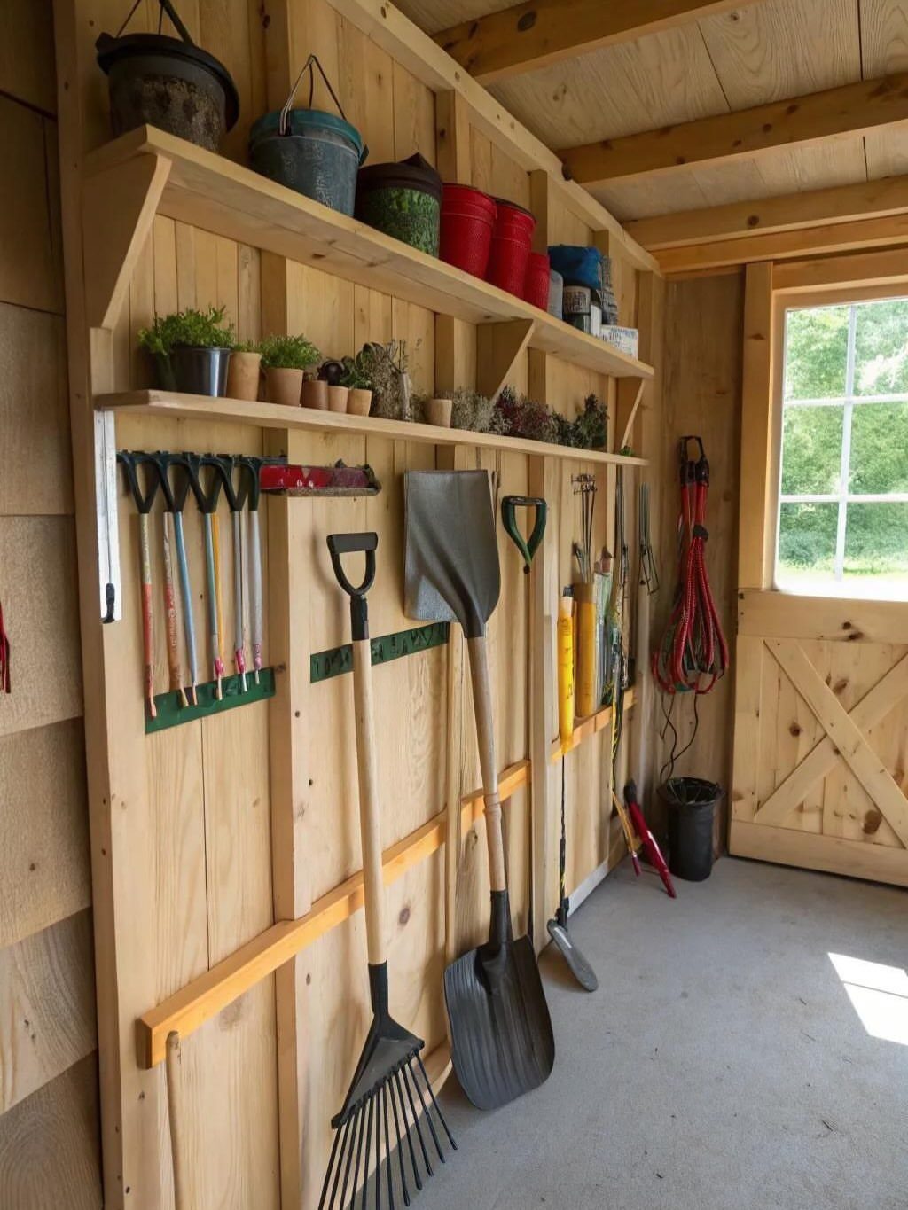 Garden tools storage system with rakes and shovels organized on wooden shed walls.