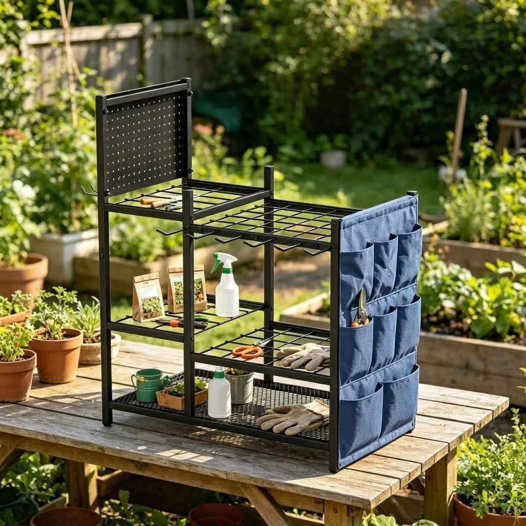 Black metal garden tool organizer with shelves and blue pockets on wooden table.