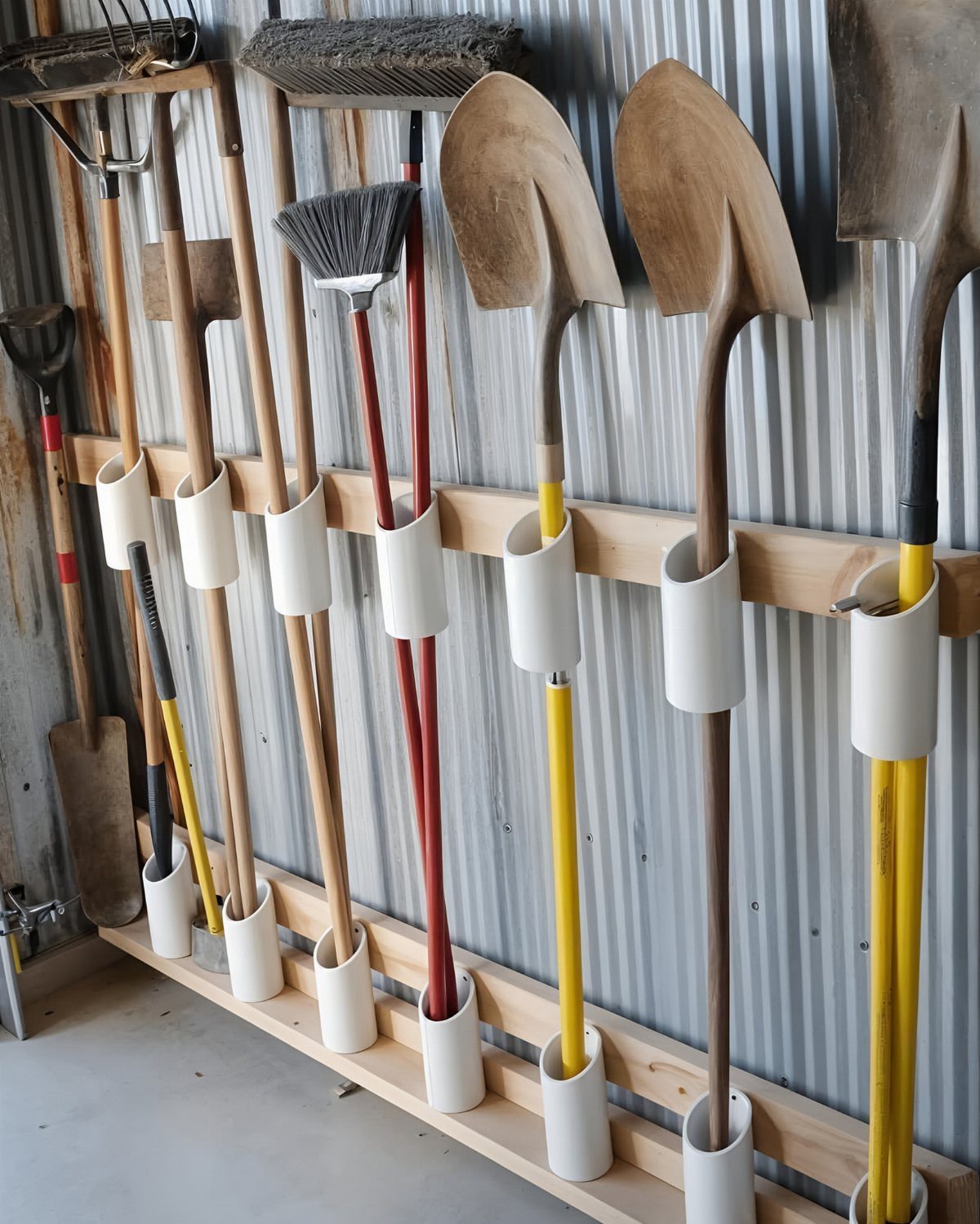 Garden tools held in white PVC pipe holders on wooden rails against metal wall.