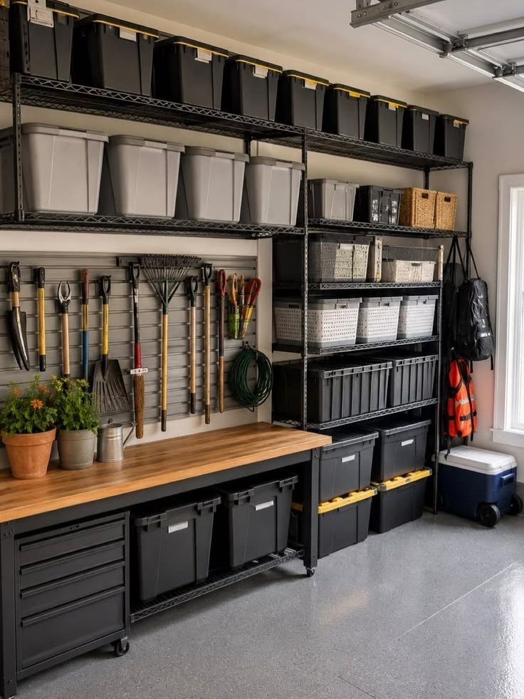 Garage workbench and wire shelving units with organized garden tools and storage bins.