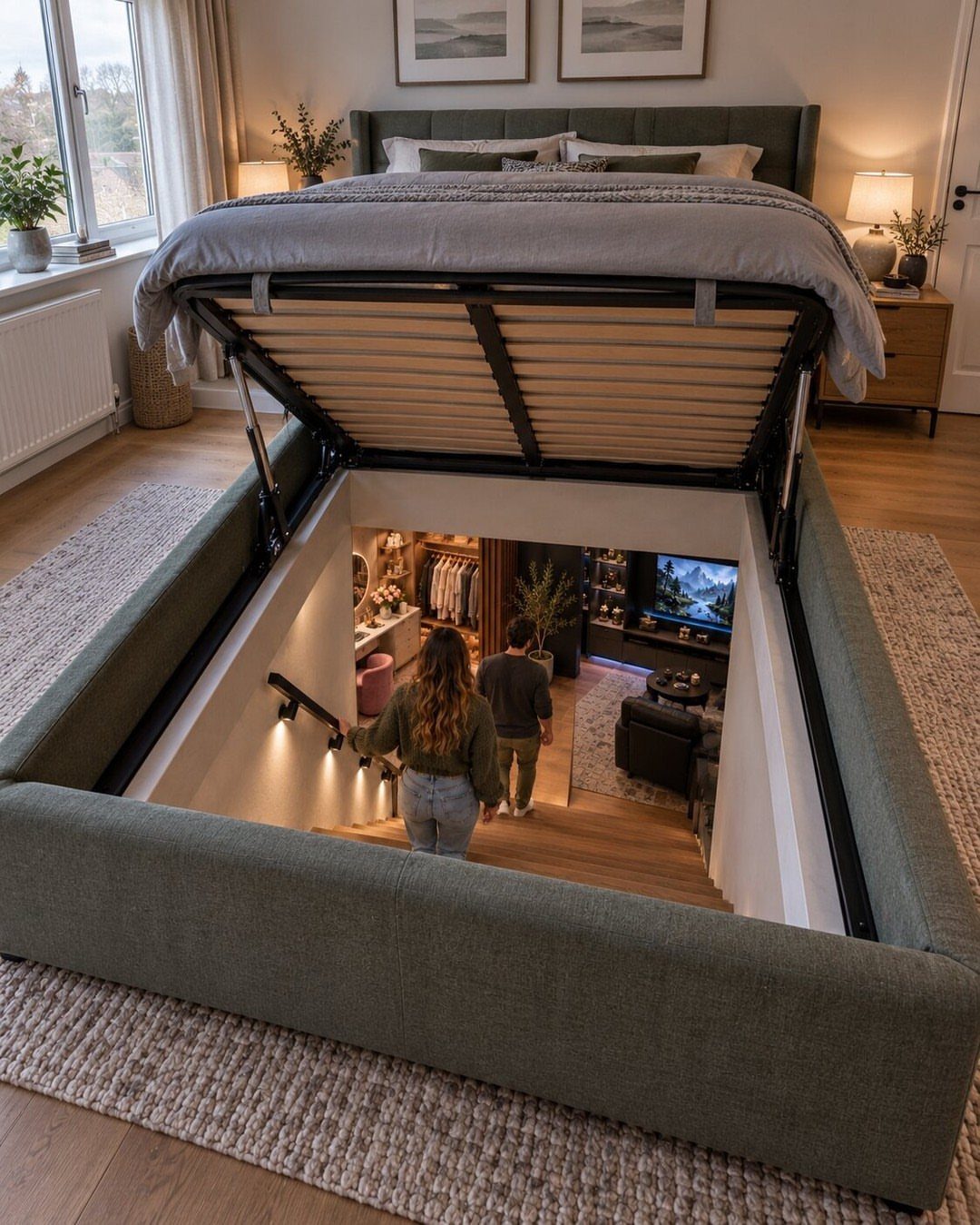 Lift-up bed frame revealing a hidden staircase leading to a secret room below.