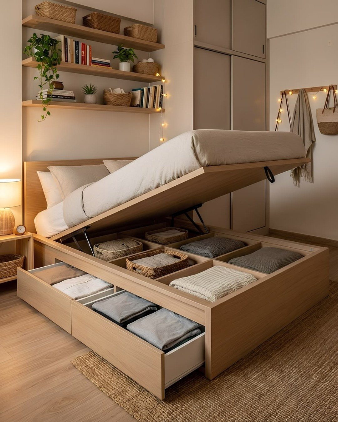 Light-wood bed frame with lifted mattress revealing hidden storage and open drawers.