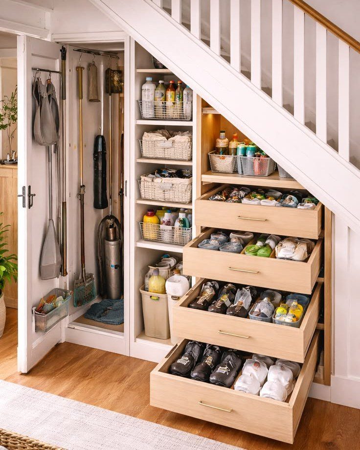 Wooden drawers built under a white staircase filled with various pairs of shoes.