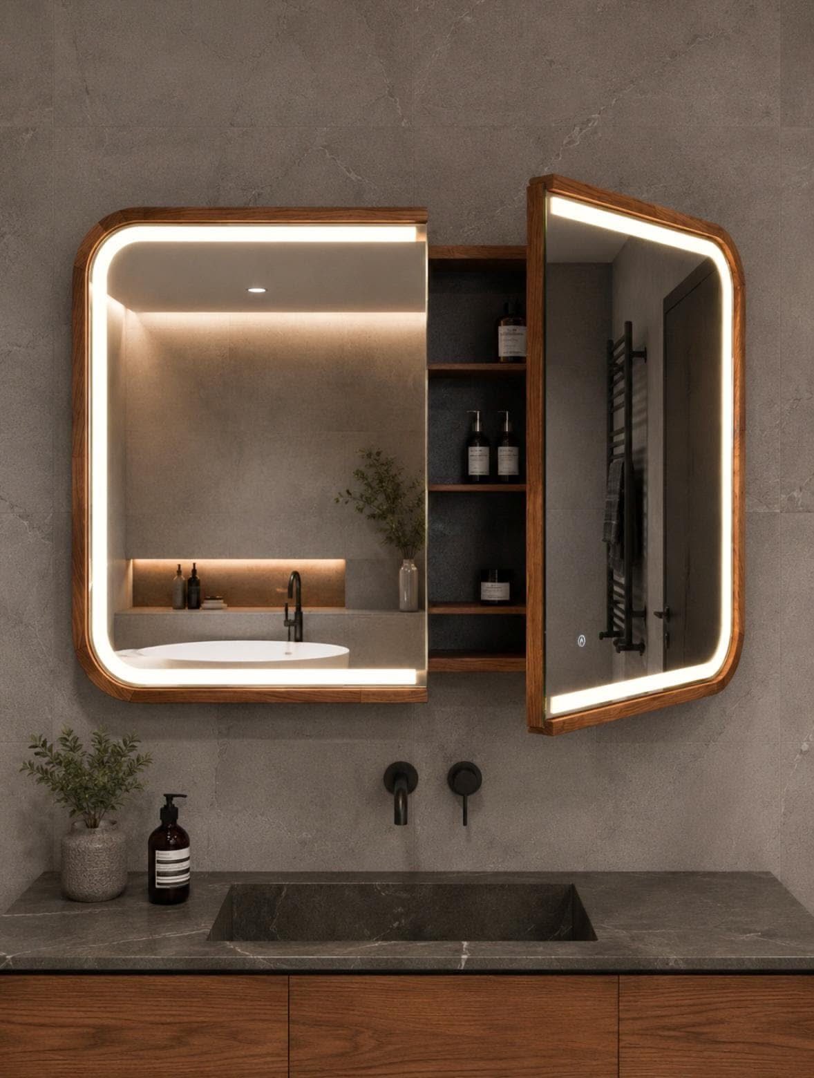 LED mirror cabinet with open door revealing storage shelves above a stone bathroom counter