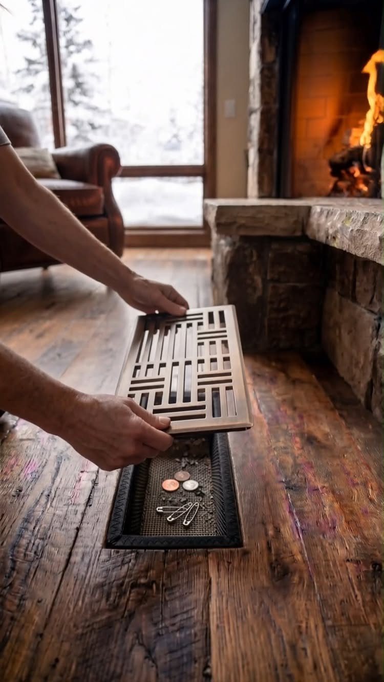 Hands lifting a wooden floor vent cover to reveal hidden storage tray with coins.