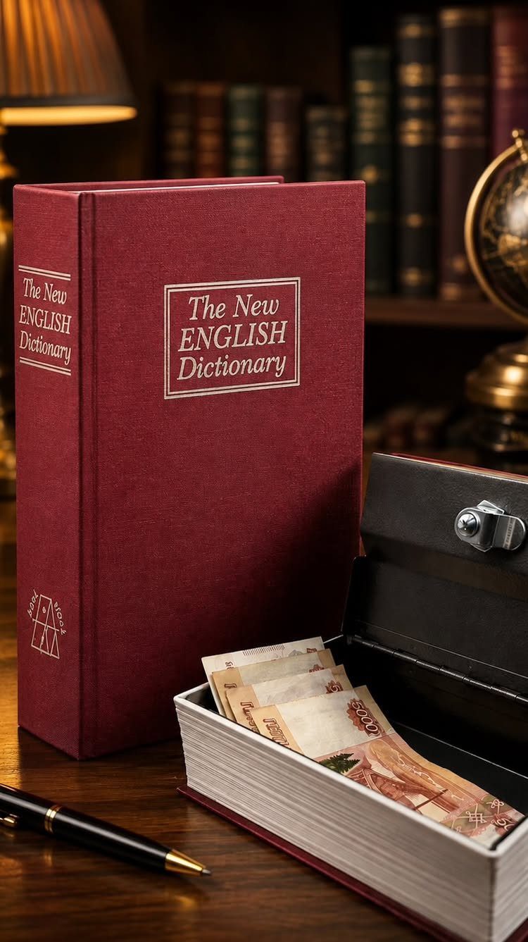 Red book-shaped diversion safe containing cash on a wooden desk with a pen.