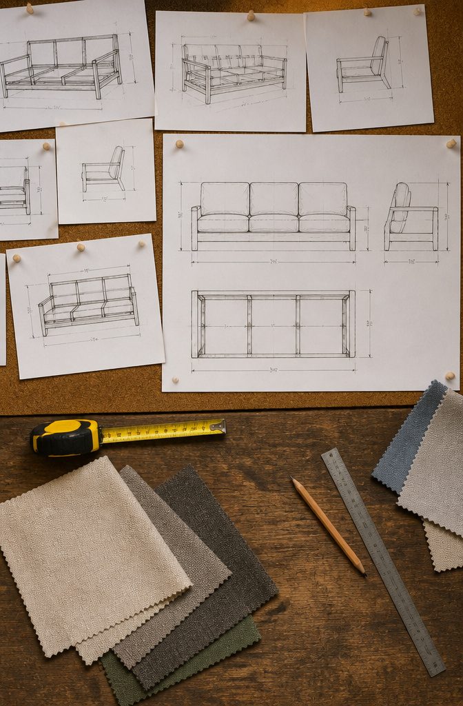 Measuring tape next to a three-person sofa frame for dimensions.