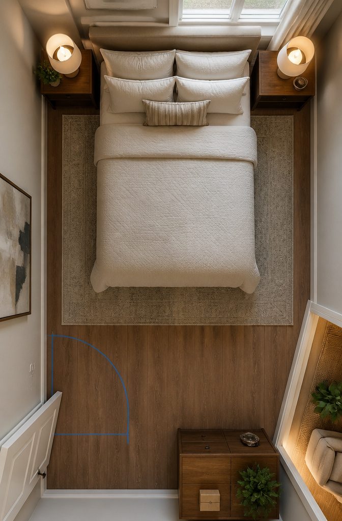 A bedroom layout demonstrating space for furniture arrangement.