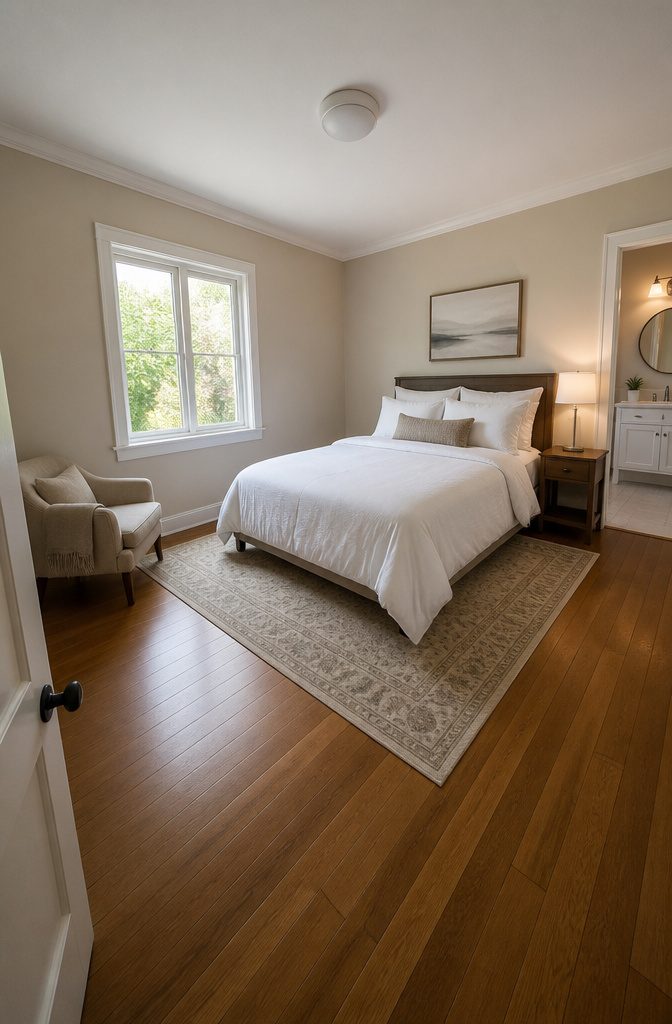 A guest bedroom set up with a bed and simple decor.