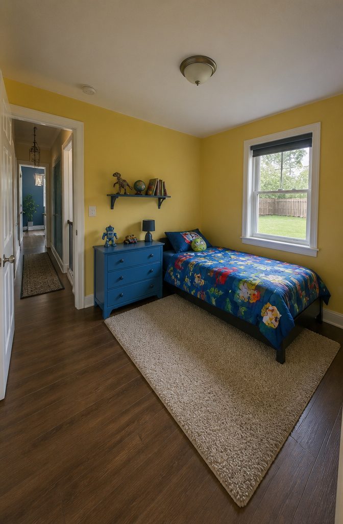 A compact kids' bedroom with a bed and storage.