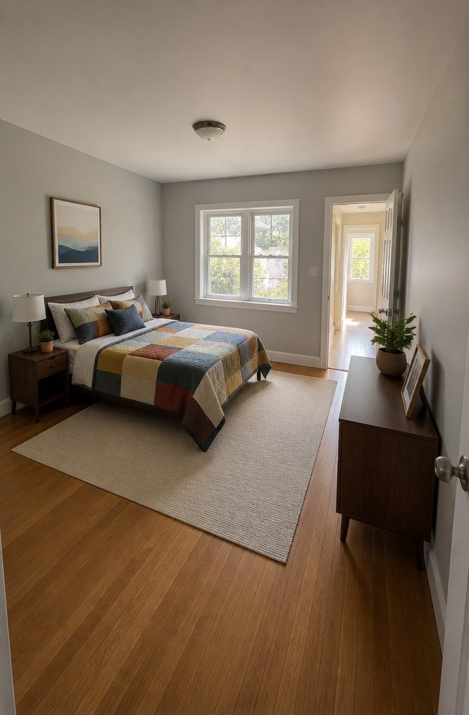 A secondary bedroom featuring a bed and nightstands.