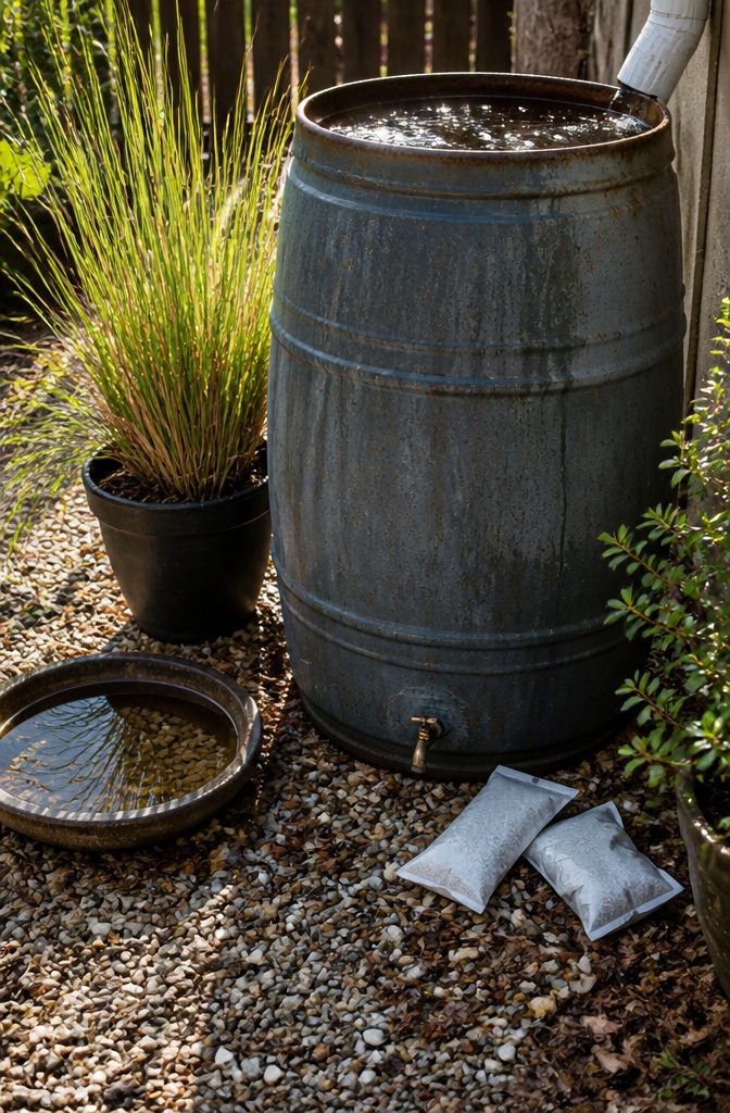 A rain barrel with packets of larvicides like Bti granules beside it.