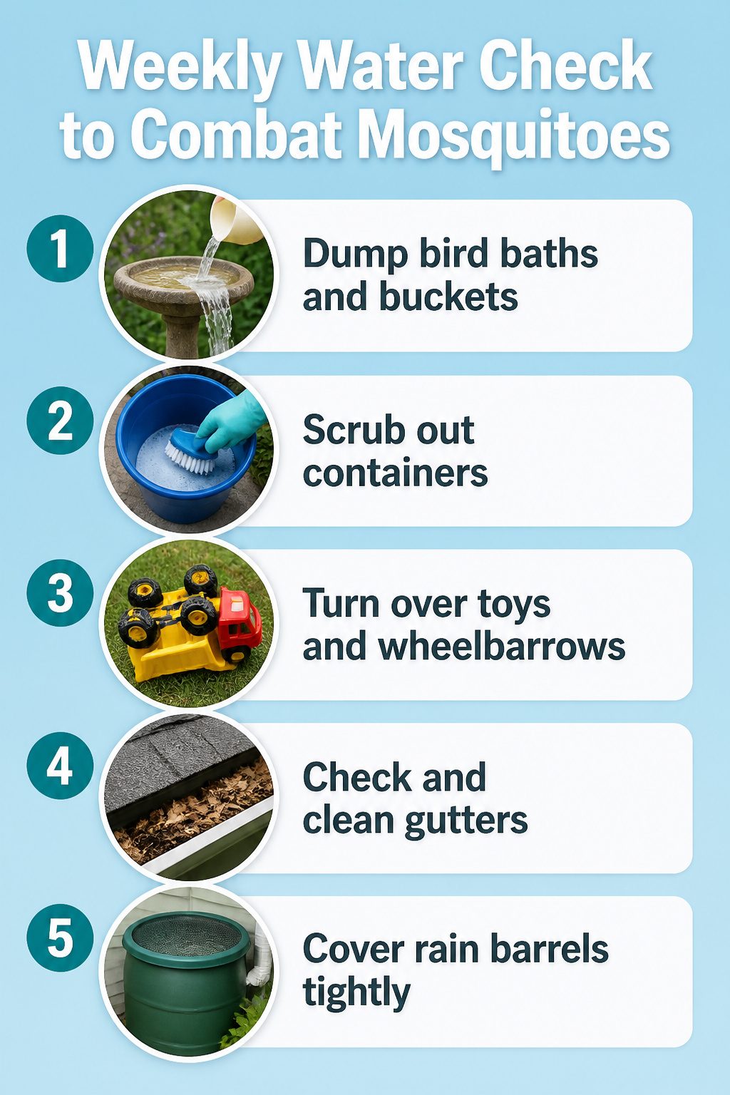 An information image titled 'Weekly Water Check to Combat Mosquitoes'.