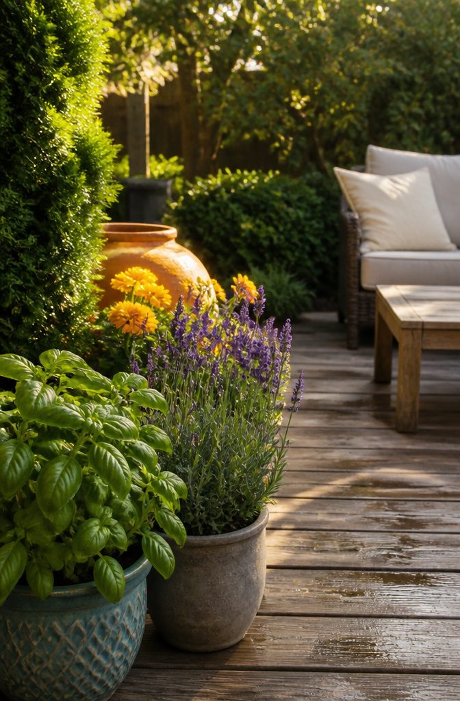 A backyard patio corner with pots of mosquito-repelling plants including basil and lavender.
