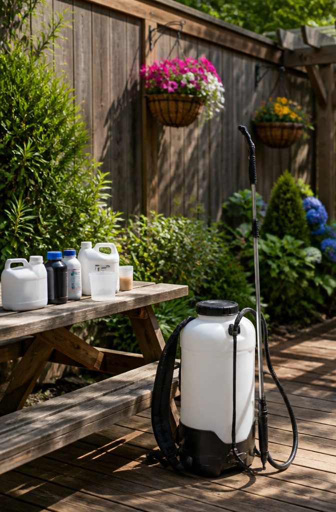 A professional pest control backpack sprayer set against a wooden fence.