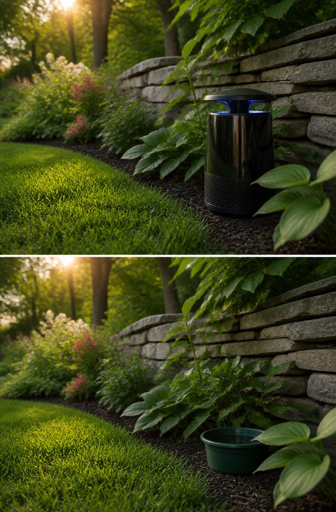 A backyard scene depicting mosquito traps set up for pest control.