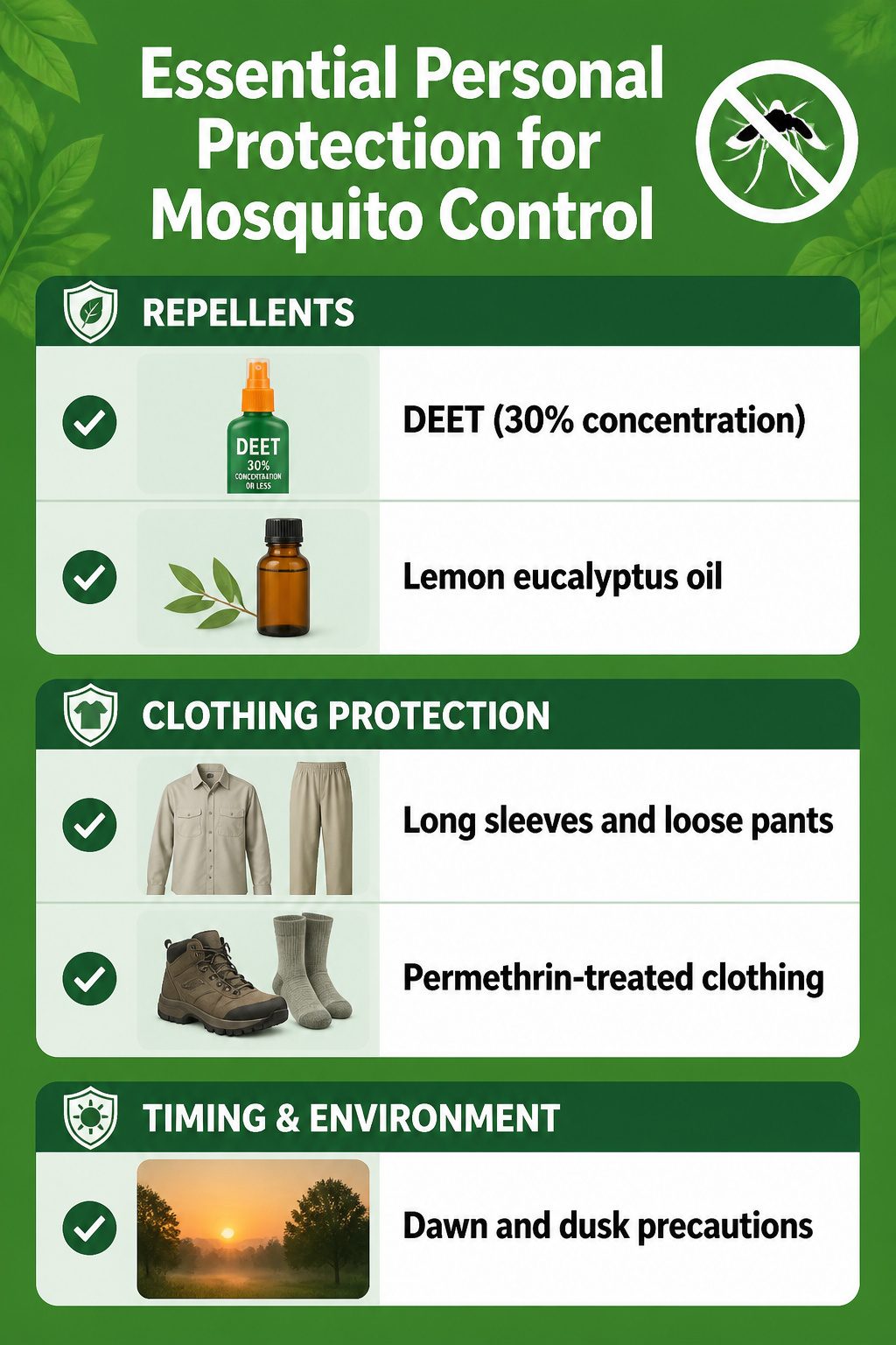 An information image titled 'Essential Personal Protection for Mosquito Control'.