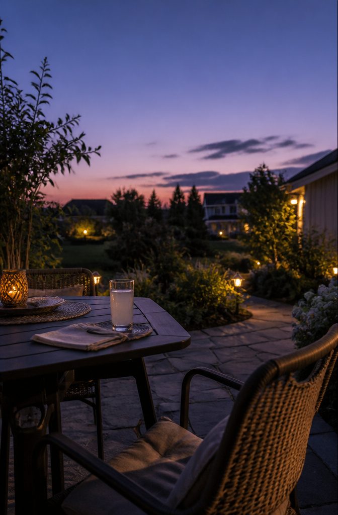 A backyard at dusk with a small outdoor table set for an evening.