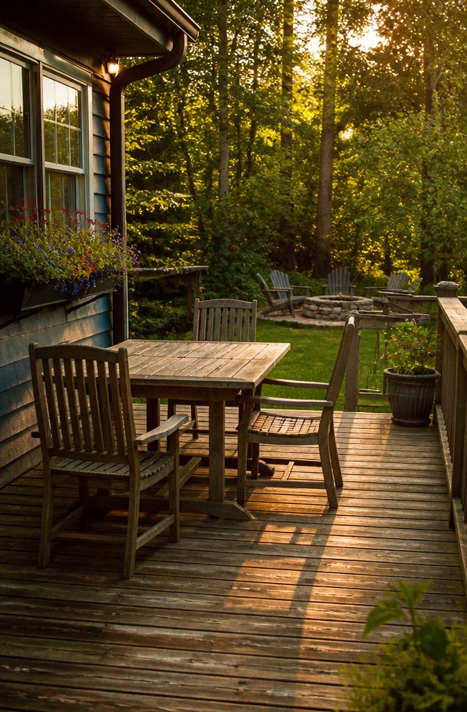 A quiet backyard deck in mid-summer, suggesting a lifestyle interrupted by mosquitoes.