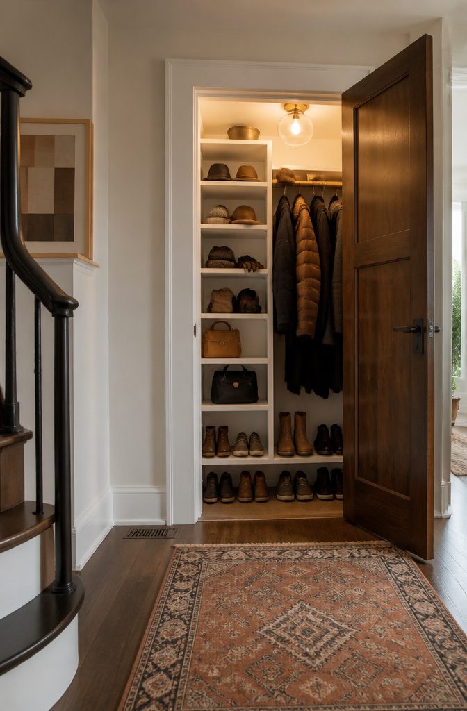 An entryway closet with shelves measuring 12 to 14 inches deep.