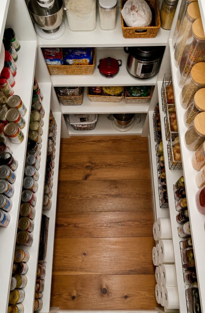 A pantry with shelves that are 12 to 18 inches deep.