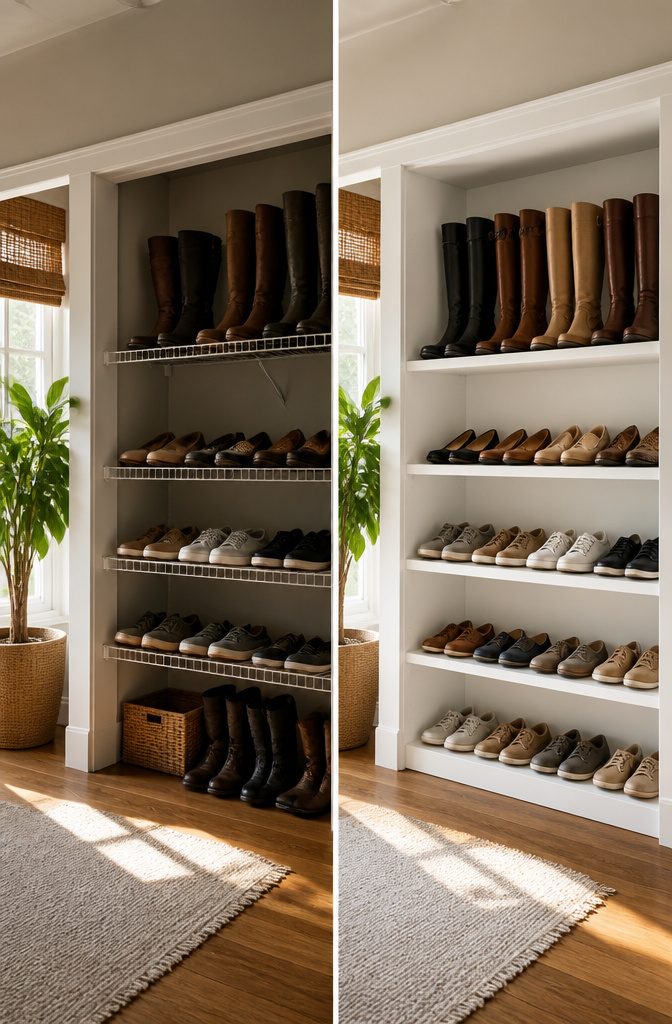 Shoe shelves that are 10 to 12 inches deep for organized footwear.