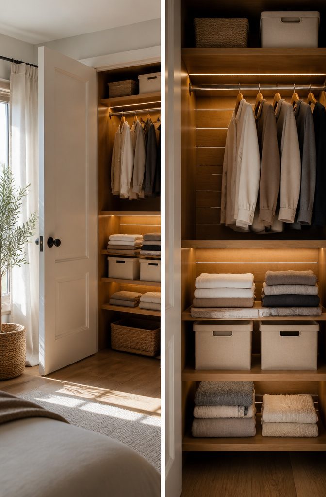 Wood shelves in a closet needing light for deeper storage areas.