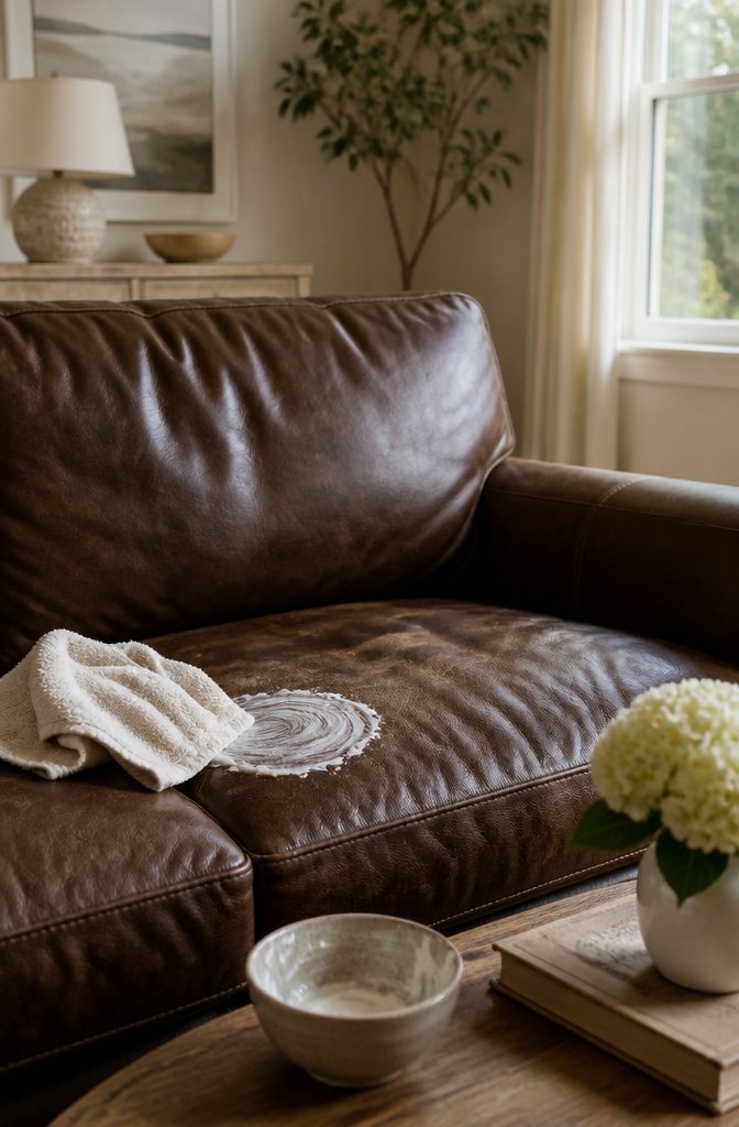 Baking soda paste on a leather couch with a bowl nearby.