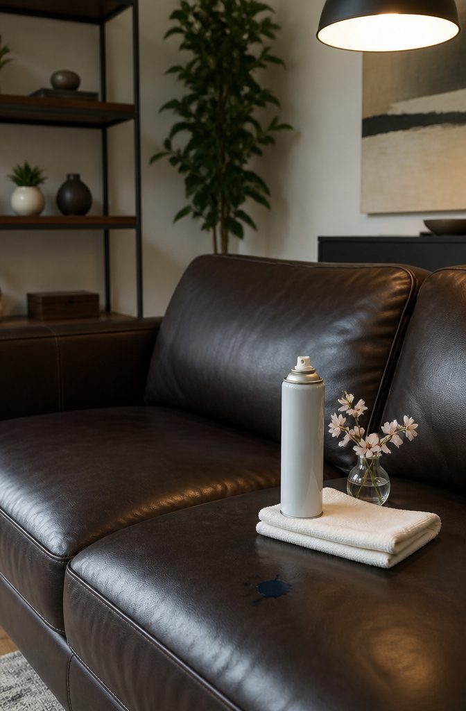 Hairspray bottle near a leather sofa with cleaning tools.