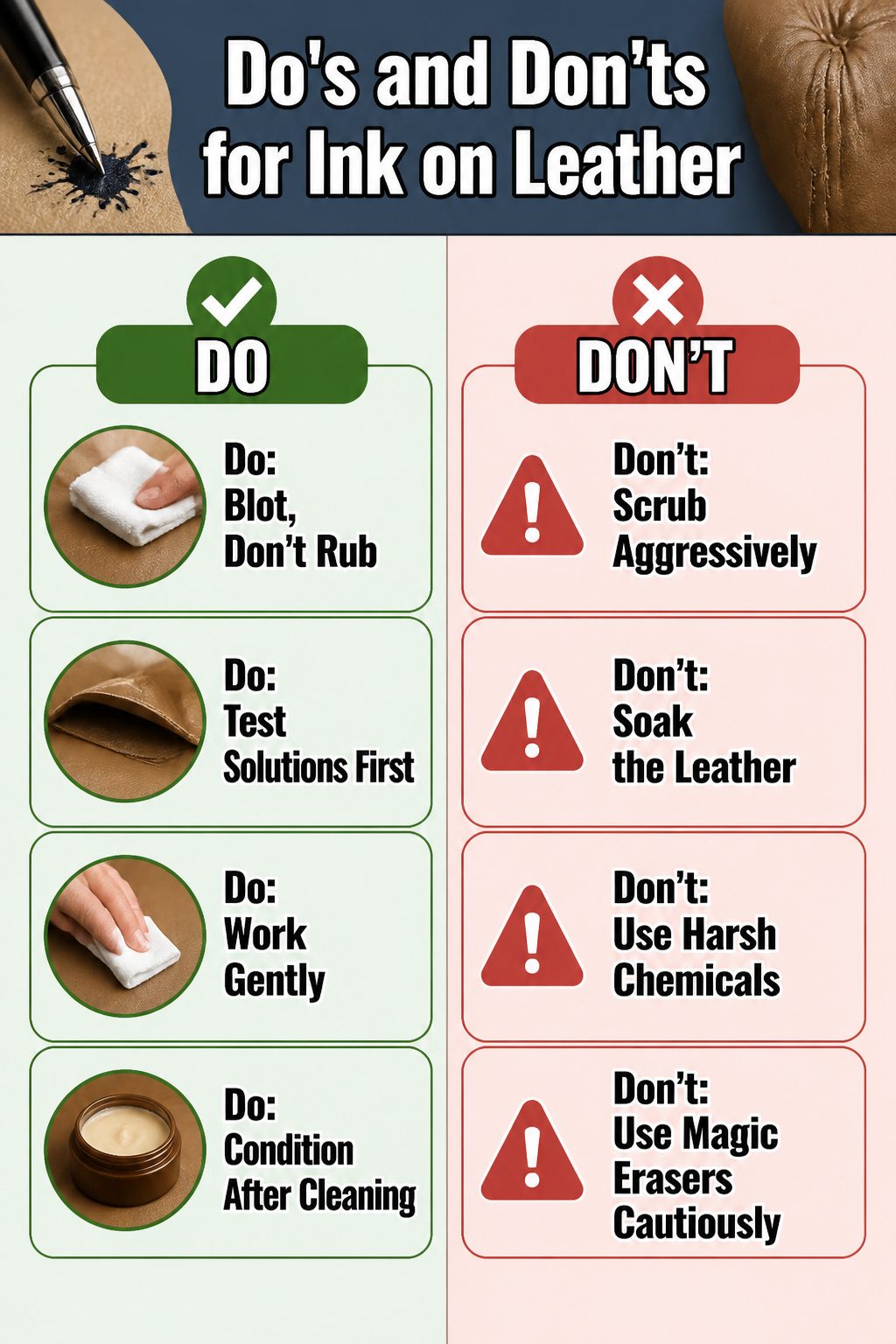 List of do's and don'ts for ink stains on leather.